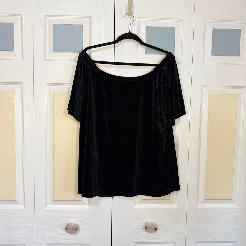 Signature Collection Womens XL Black Velvet Off The Shoulder Short Sleeve Top